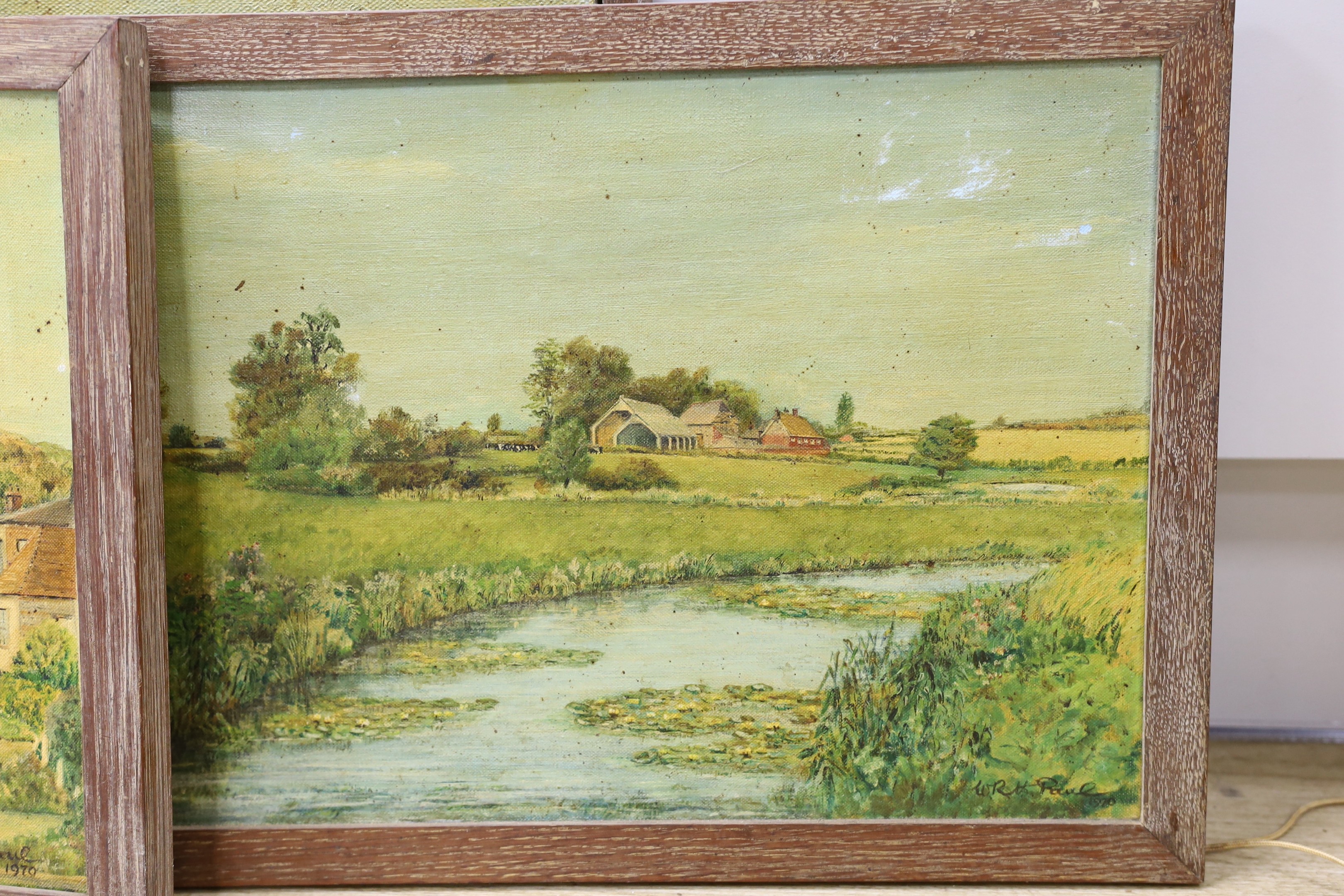 W.R.H Paul, three oils on canvas, Views of Jevington, Polhill Farm and Bowland Prospect near Glynde, signed and dated c.1966, largest 35 x 40cm